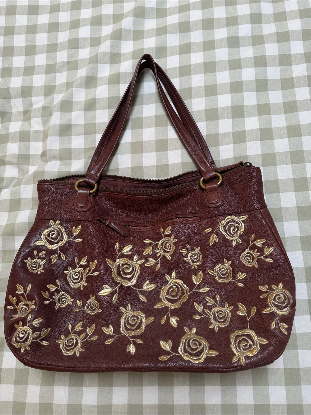Anthropologie Women’s dark plum brown color with gold Floral Embroidered bag